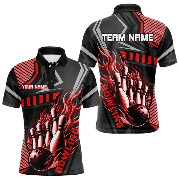 Maxcorners Black And Red Bowling Ball Pins Polo, Quarter Zip Shirt For Men Custom Bowling Team League Jerseys