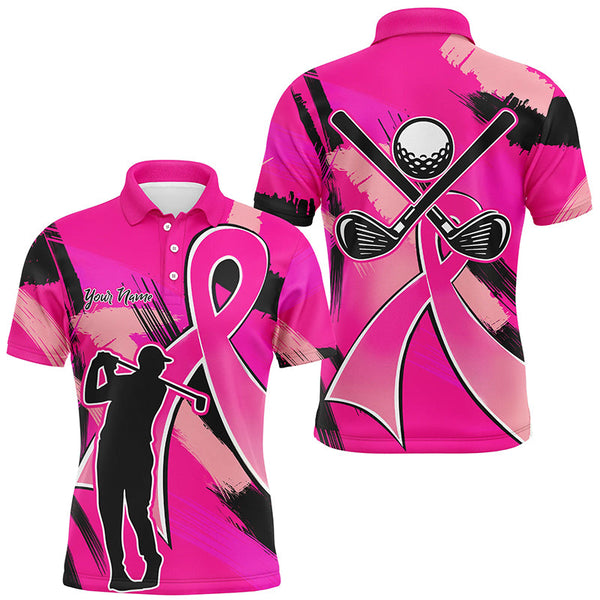 Maxcorners Mens golf polo shirt pink ribbon custom breast cancer awareness golf jerseys, best men golf wear