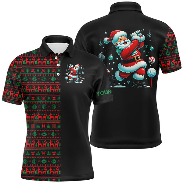 Maxcorners Christmas pattern black Mens golf polo shirt custom Funny Christmas Santa golfer golf attire for men