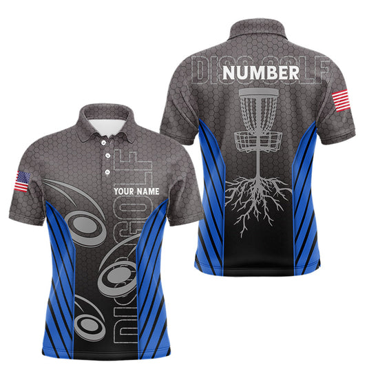 Maxcorners Mens disc golf polo shirt custom name, number camo disc golf jersey, mens disc golf apparel | Blue LM2011