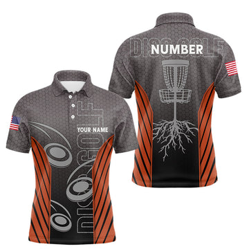 Maxcorners Mens disc golf polo shirt custom name, number camo disc golf jersey, mens disc golf apparel | Orange