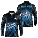 Maxcorners Blue Tribal Pattern Bowling Polo Shirt For Men Custom Team Bowling Jerseys, Bowling Gifts