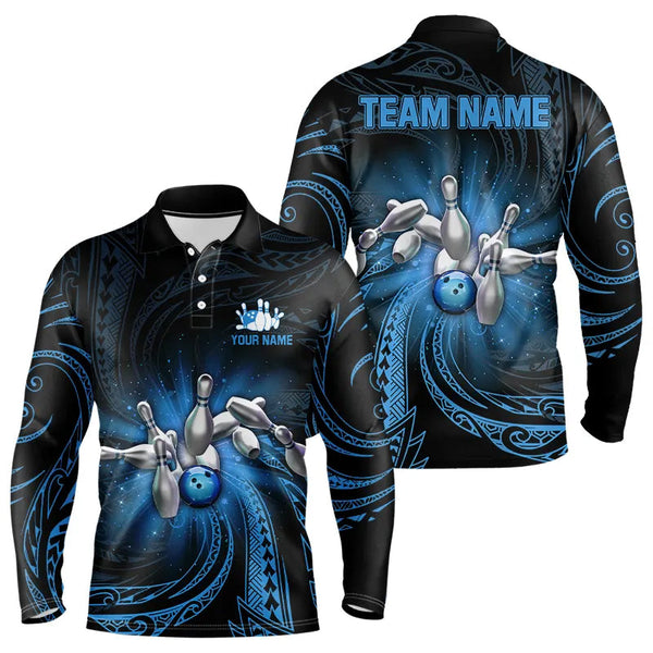 Maxcorners Blue Tribal Pattern Bowling Polo Shirt For Men Custom Team Bowling Jerseys, Bowling Gifts