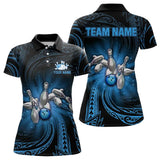 Maxcorners Blue Tribal Pattern Bowling Polo Shirt For Men Custom Team Bowling Jerseys, Bowling Gifts