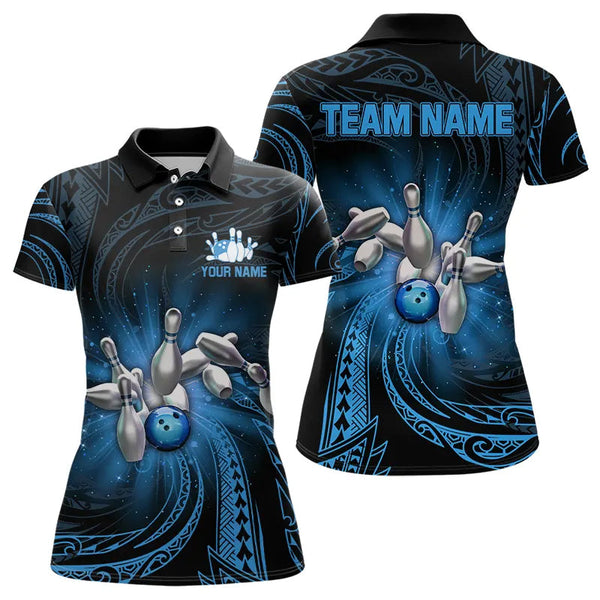 Maxcorners Blue Tribal Pattern Bowling Polo Shirt For Men Custom Team Bowling Jerseys, Bowling Gifts