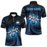 Maxcorners Blue Tribal Pattern Bowling Polo Shirt For Men Custom Team Bowling Jerseys, Bowling Gifts