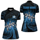 Maxcorners Blue Tribal Pattern Bowling Polo Shirt For Men Custom Team Bowling Jerseys, Bowling Gifts
