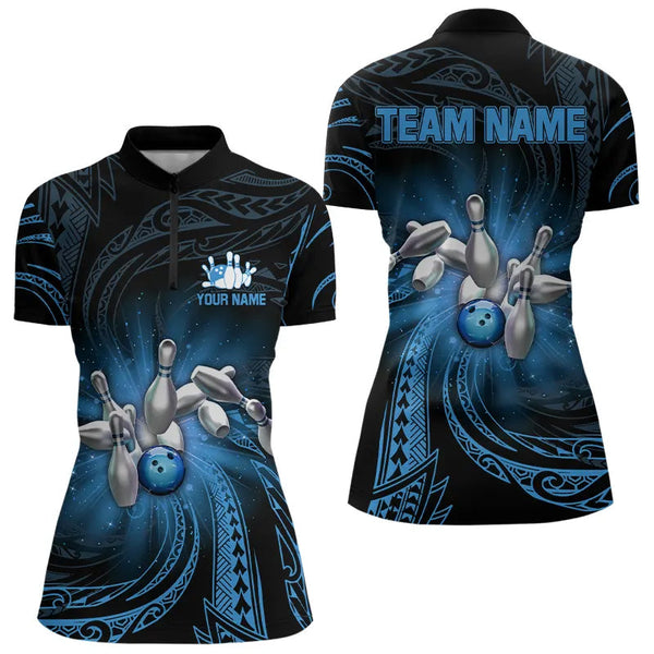 Maxcorners Blue Tribal Pattern Bowling Polo Shirt For Men Custom Team Bowling Jerseys, Bowling Gifts