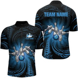 Maxcorners Blue Tribal Pattern Bowling Polo Shirt For Men Custom Team Bowling Jerseys, Bowling Gifts