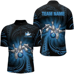 Maxcorners Blue Tribal Pattern Bowling Polo Shirt For Men Custom Team Bowling Jerseys, Bowling Gifts