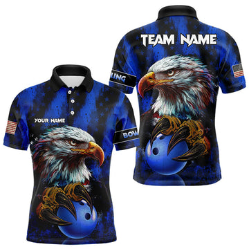 Maxcorners American Flag Eagle Mens Bowling Polo, 1/4 Zip Shirt Custom Name Patriotic Bowling Team Jersey | Blue LM233