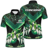 MaxCorners Bowling And Pins Green Flame Customized Name, Team Name 3D Polo Shirt For Men