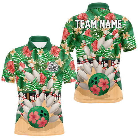 Maxcorners Green tropical flower Bowling Polo, Quarter Zip Shirts For Men Custom bowling team jersey TU2310