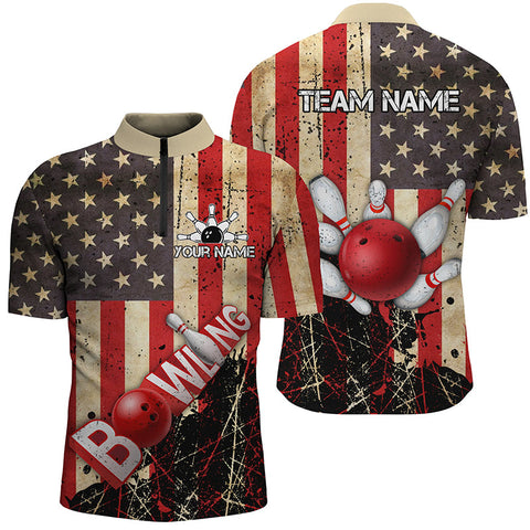 MaxCorners Bowling And Pins Retro American Flag Customized Name, Team Name 3D Stand Collar Zipper Polo Shirt For Men