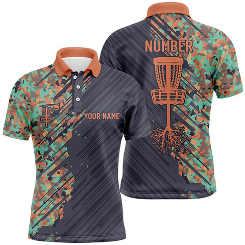 Maxcorners Mens disc golf polo shirt custom name Grunge Camo disc golf basket, personalized disc golf apparel MT0510