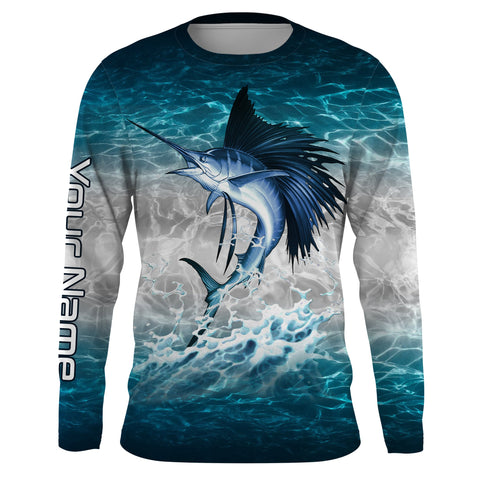 Maxcorners Sailfish fishing blue sea water camo Custom Name performance long sleeve fishing shirts uv protection LM2408