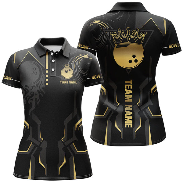 Maxcorners Black and gold Bowling Polo, Quarter Zip Shirts Custom Bowling King Team Jerseys Outfits