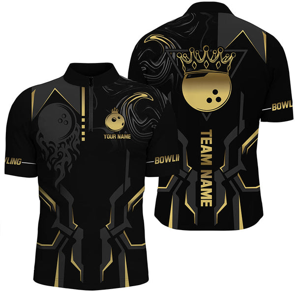 Maxcorners Black and gold Bowling Polo, Quarter Zip Shirts Custom Bowling King Team Jerseys Outfits