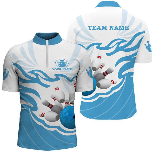 Maxcorners White And Blue Bowling Jersey Multicolor Option Customized Name, Team Name 3D Shirt