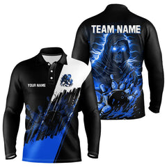 Maxcorners Black and Blue Skull reaper bowling jerseys Polo, 1/4 Zip Shirt for Men Custom Bowling Team shirts