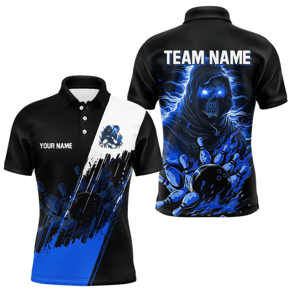 Maxcorners Black and Blue Skull reaper bowling jerseys Polo, 1/4 Zip Shirt for Men Custom Bowling Team shirts