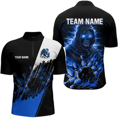 Maxcorners Black and Blue Skull reaper bowling jerseys Polo, 1/4 Zip Shirt for Men Custom Bowling Team shirts