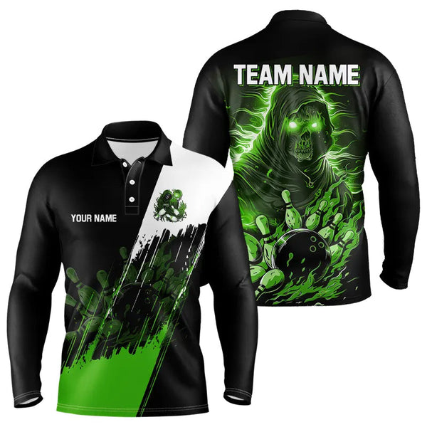 Maxcorners Black and Green Skull reaper bowling jerseys Polo, 1/4 Zip Shirt for Men Custom Bowling Team shirts