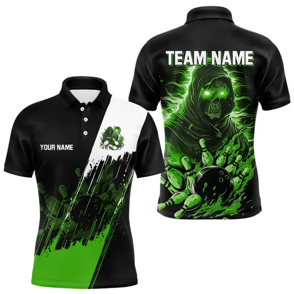 Maxcorners Black and Green Skull reaper bowling jerseys Polo, 1/4 Zip Shirt for Men Custom Bowling Team shirts