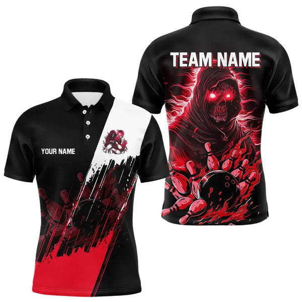 Maxcorners Black and Red Skull reaper bowling jerseys Polo, 1/4 Zip Shirt for Men Custom Bowling Team shirts