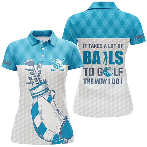 Maxcorners Women Golf Polo Shirt It Takes A Lot Of Balls To Golf Custom Blue Argyle Pattern Golf Shirts For Women