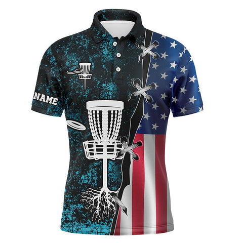 Maxcorners Mens disc golf polo shirt American flag blue grunge custom disc golf team shirt, disc golf gifts MT0510