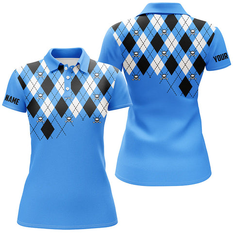 Maxcorners Maxcorners Womens Golf Polo Shirt Plus Size Blue Argyle Plaid Golf Skull Pattern Custom Ladies Blue Golf Tops