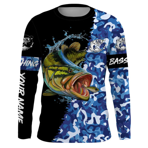 MaxCorners Blue Camo Largemouth Bass Fishing Jerseys Customized Name 3D Long Sleeve Shirt