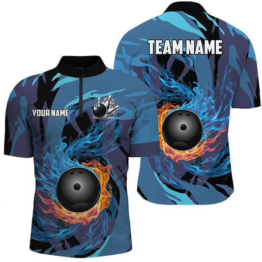 Maxcorners Orange And Blue Flame Camo Bowling Jersey Multicolor Option Customized Name, Team Name 3D Shirt