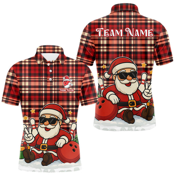 Maxcorners Funny Santa Christmas Bowling Polo, Quarter Zip shirts for men Custom Red Plaid bowling jerseys men TU2310