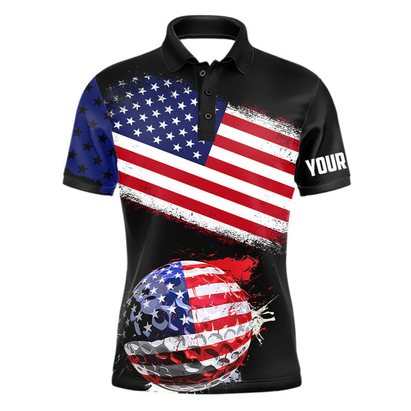 Maxcorners American Flag Golf Ball Black Golf Polo Shirt Custom Patriotic Golf Tops Golfing Gifts