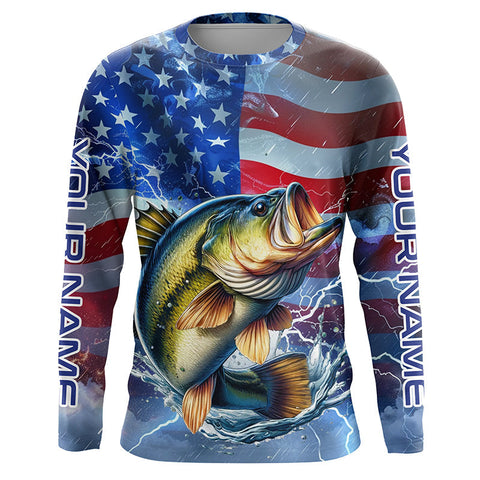 Maxcorners Largemouth Bass fishing American flag Long Sleeve Fishing Shirt custom Lightning Bass fishing jersey  LM2408