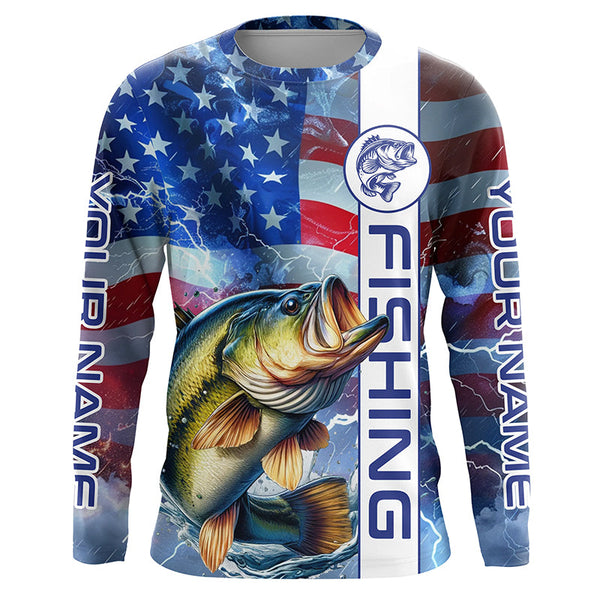 Maxcorners American flag Largemouth Bass fishing Long Sleeve Fishing Shirts custom Patriotic Bass fishing jerseys LM2408