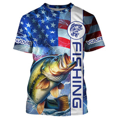 Maxcorners American flag Largemouth Bass fishing Long Sleeve Fishing Shirts custom Patriotic Bass fishing jerseys MT2108
