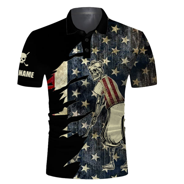 Maxcorner Customized Name American Flag Golf Skull Patriotic 3D Polo Shirt