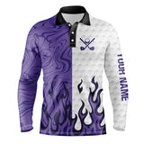 Maxcorners White and Purple Camo Flame Mens Golf Polo Shirt Custom golf attire for men, personalized golf gifts