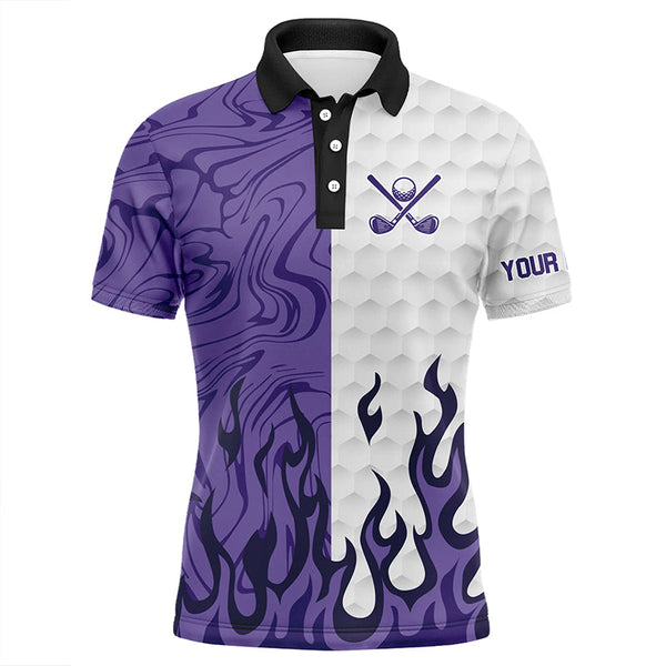 Maxcorners White and Purple Camo Flame Mens Golf Polo Shirt Custom golf attire for men, personalized golf gifts