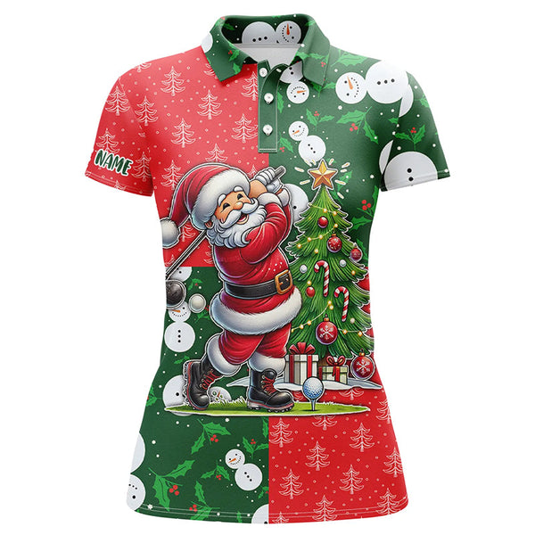 Maxcorners Funny Santa Golfer Red and green pattern Women golf polo shirt custom Christmas golf tops for ladies