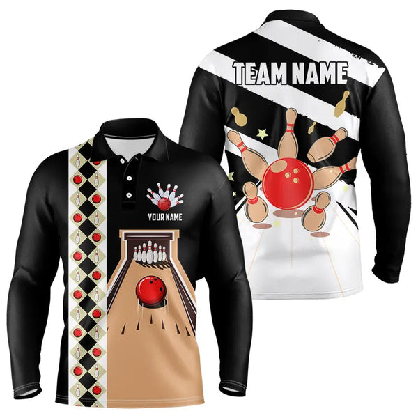 Maxcorners Personalized Red, White And Black Retro Bowling Polo, Quarter Zip Shirt For Men, Bowling Team Jersey