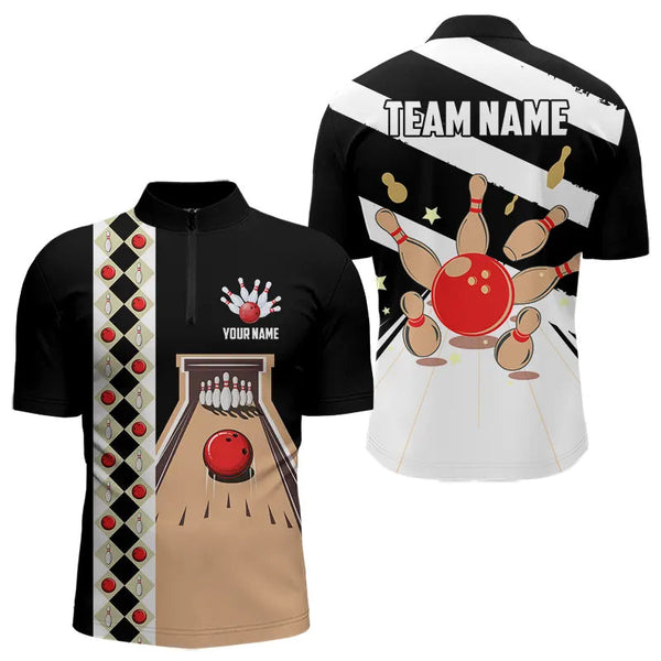 Maxcorners Personalized Red, White And Black Retro Bowling Polo, Quarter Zip Shirt For Men, Bowling Team Jersey