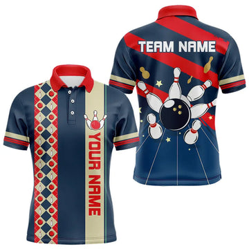 Maxcorners Personalized Red, White And Blue Retro Bowling Polo, Quarter Zip Shirt For Men, Bowling Team Jersey