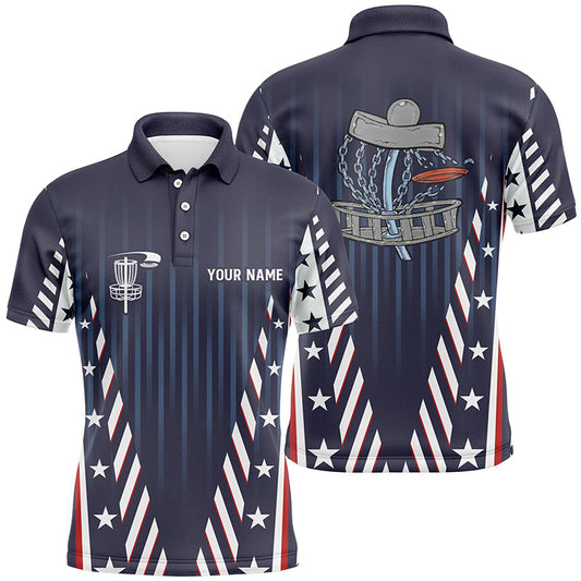 Maxcorners Mens disc golf polo shirts custom red white and blue stars disc golf basket team disco golf outfit MT0510