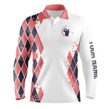 Maxcorners Blue and Pink argyle pattern White Golf Polo Shirt for men Custom male golf attire for men