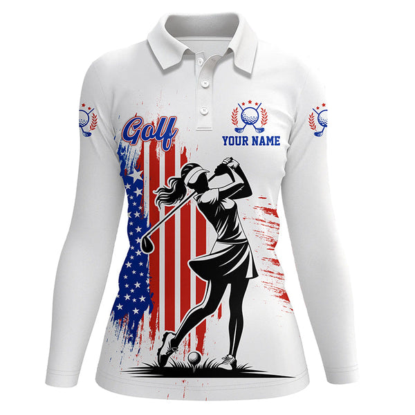 Maxcorners American Flag White Women golf polo shirt custom patriotic team golf shirts for ladies golfer gift