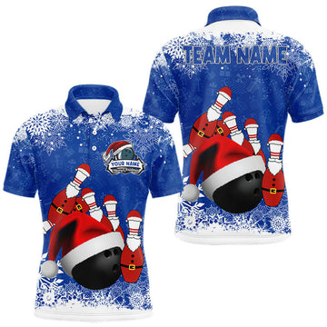 Maxcorners Mens bowling shirts Custom Funny Christmas snowflake Santa Bowling Ball pins Team Jersey | Blue